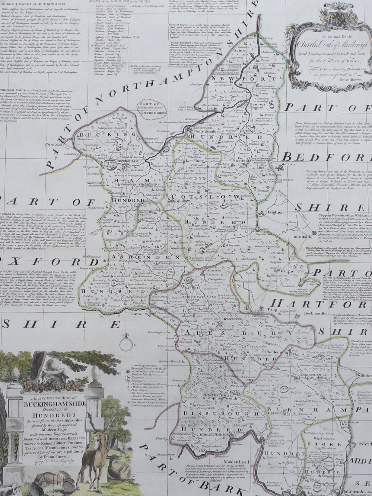 After Emanuel Bowen (1694-1767), hand coloured map of Buckinghamshire, printed for R Sayer, T Bowles and I Bowles, 1756, 72 x 56cm